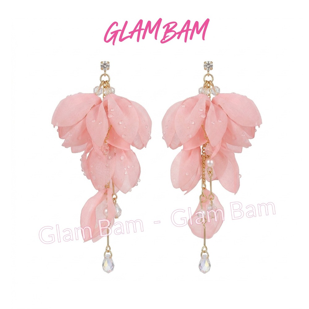 Pink Fabric Flower Tassel Drop Earrings Faux Pearl Gold Tone Silver Needle